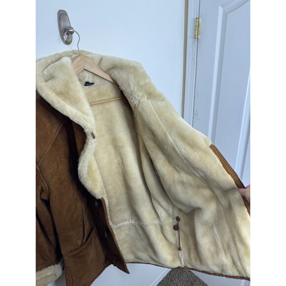 Gallery Tan Leather Faux Shearling Hooded Coat Women's L Oversized Toggle Style - Picture 7 of 9